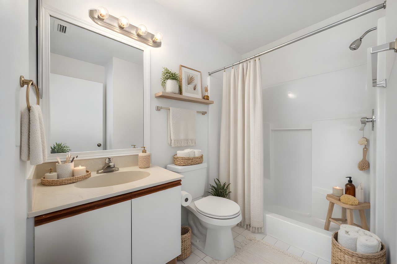 A bathroom with a white toilet, sink, and shower area.